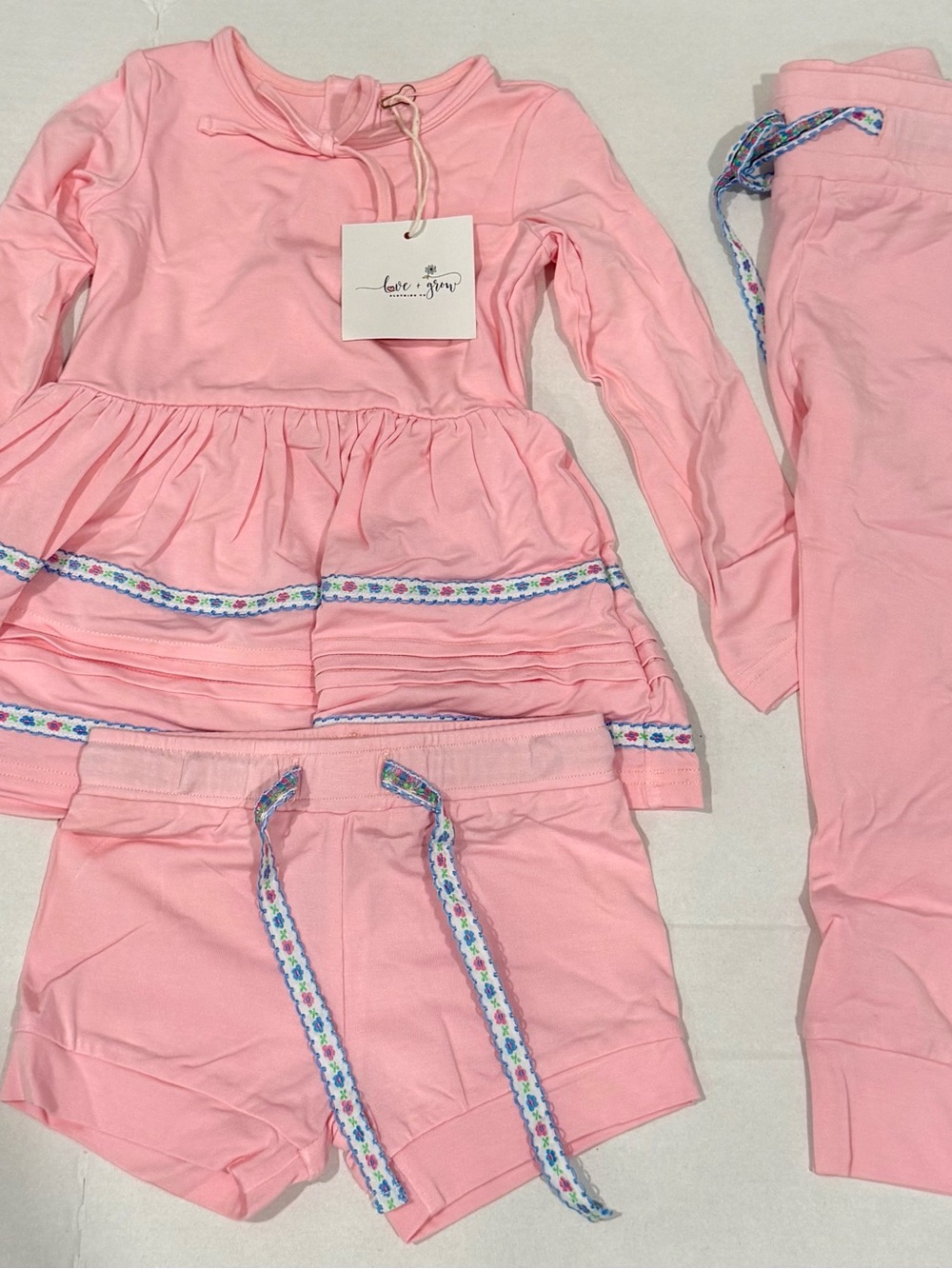 Love + Grow Pink Girls Pajama Set with Floral Trim